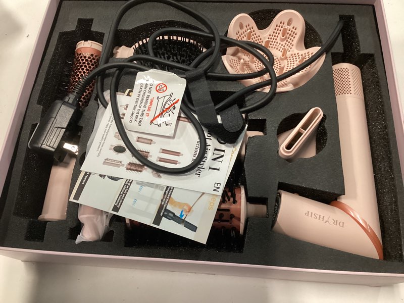 Condition photo showing As Is for avenho 9 in 1 hot air styler wrap, high-speed hair dryer brush with auto wrap curlers, foldable ionic blow dryer brush for fast drying, smoothing & volumizing, multi-styling tools (gifts for women) pink
