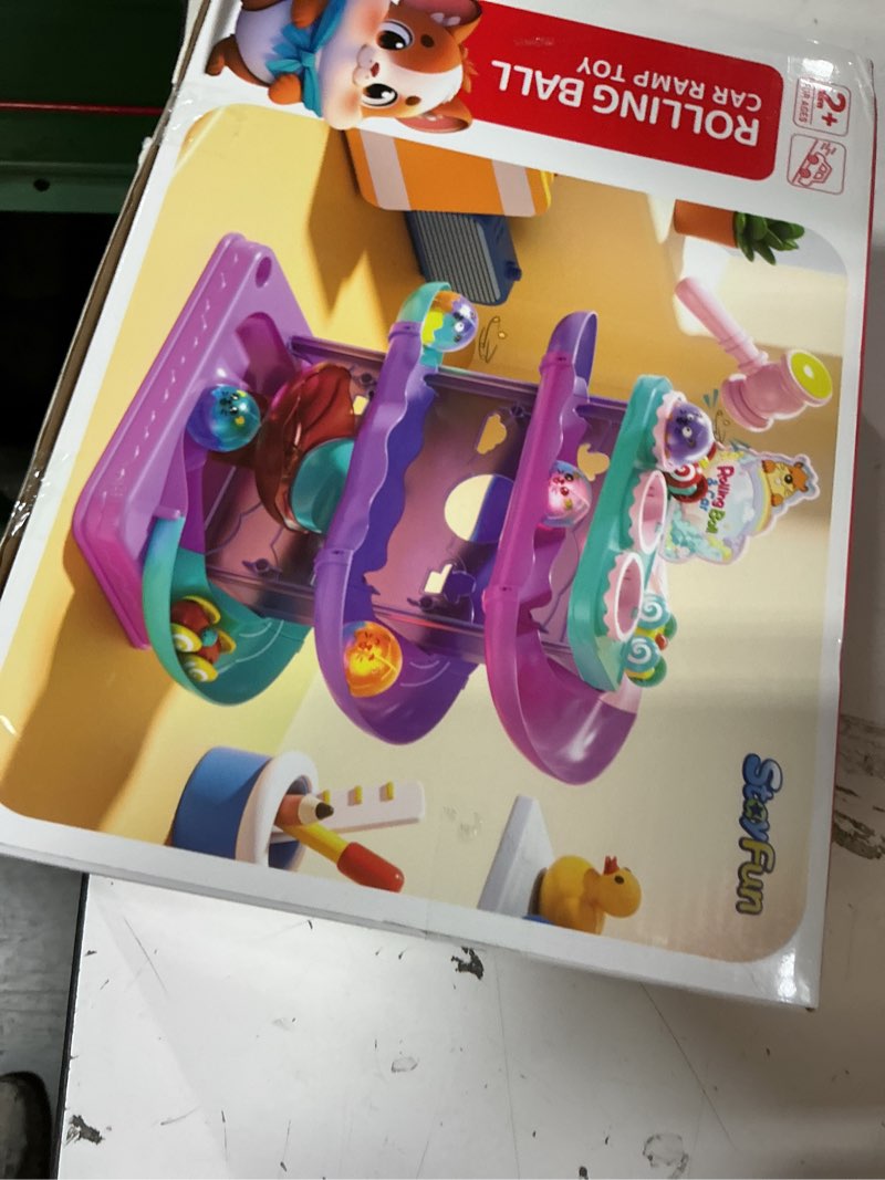 Condition photo showing New/Like New for 2-in-1 rolling ball & car ramp race track for toddlers, hammer ball drop toy for boys & girls, interactive toys w/sensor lights - montessori stem learning toys - brithday gift for kids 1-5+ year old pink + purple + cyan + peach
