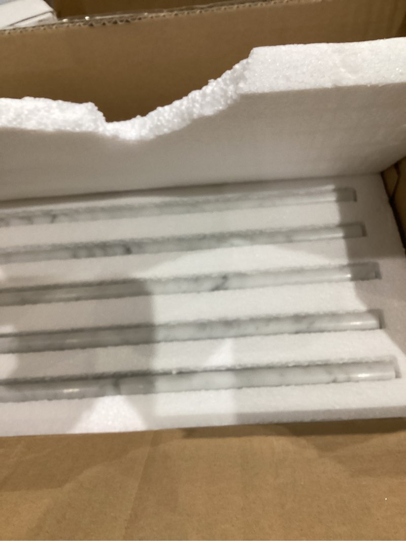 Condition photo showing As Is for lovdeco carrara white 1/2" x 12" marble pencil liner tile, edge trim molding for shower and backsplash, bullnose tile trim matte, 10 pcs/box 1/2" x 12" pencil trim carrara-honed