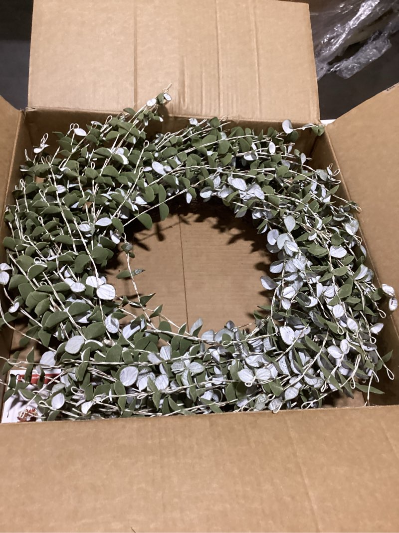 Condition photo showing Good Condition for 26 Inch Fall Wreath for Front Door Large Eucalyptus Wreaths with Mini White-Green Leaves, Autumn Greenery Wreath on Grapevine for Fall Door Decor Farmhouse Wall Window Home Decoration