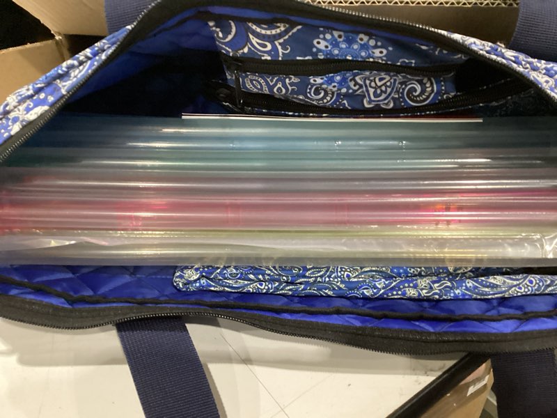 Condition photo showing As Is for american mahjong game set, 166 blue tiles (1.2”), 4 all-in-one color rack/pushers & drawstring bag, complete mahjong sets with blue printed carrying bag and mahjong tile set accessories