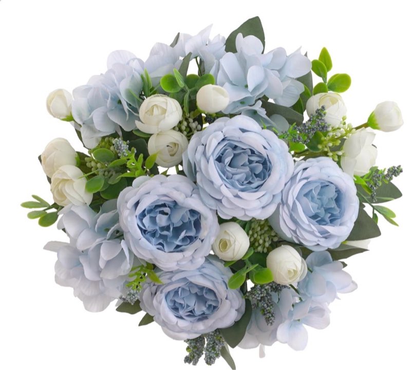 blue and white fake flowers 