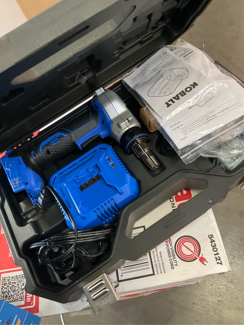 Condition photo showing As Is for kobalt 24v pex expander kit (2ah battery and 85w charger, plus 1/2-in, 3/4-in heads