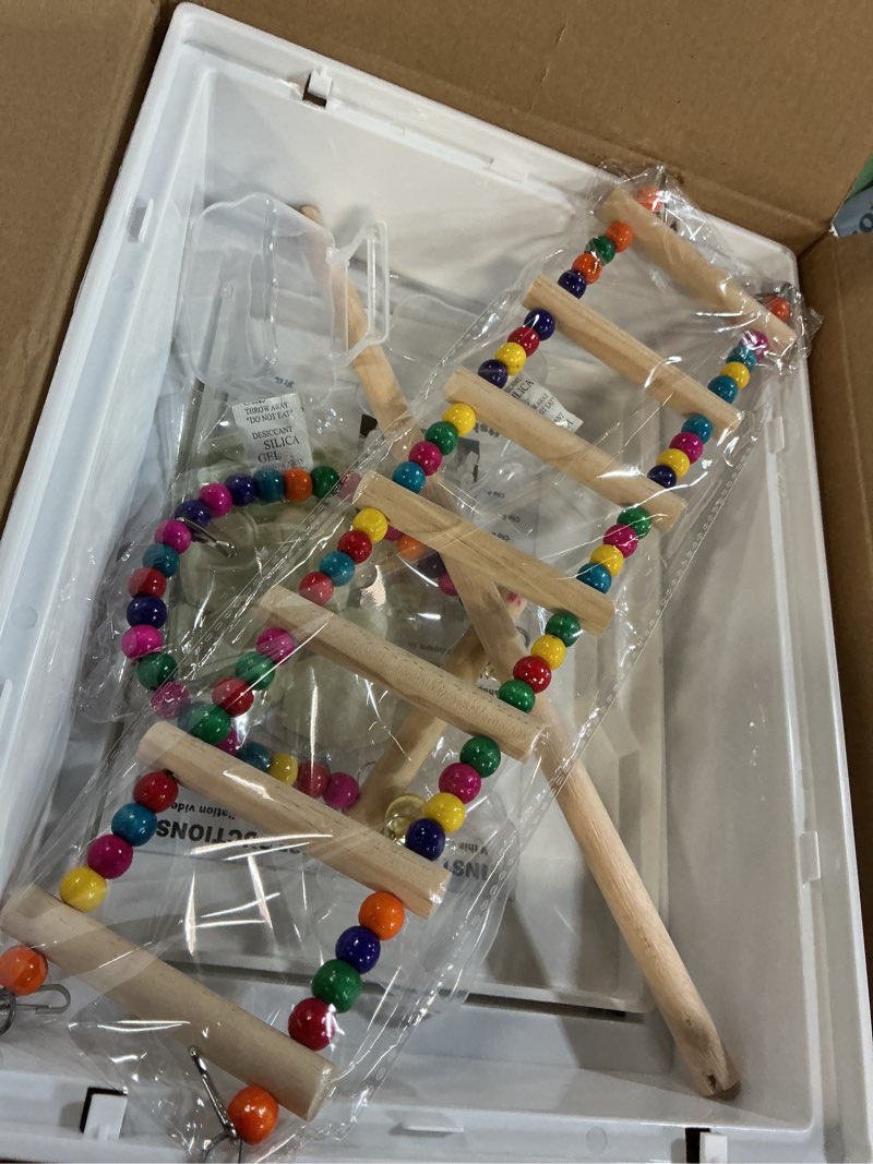 Condition photo showing New/Like New for basic bird cage, 24.8inch parrot cage (24.8" x 14.6" x 11"),bird cage with ladder, horizontal bar, 2 feeders, and swing