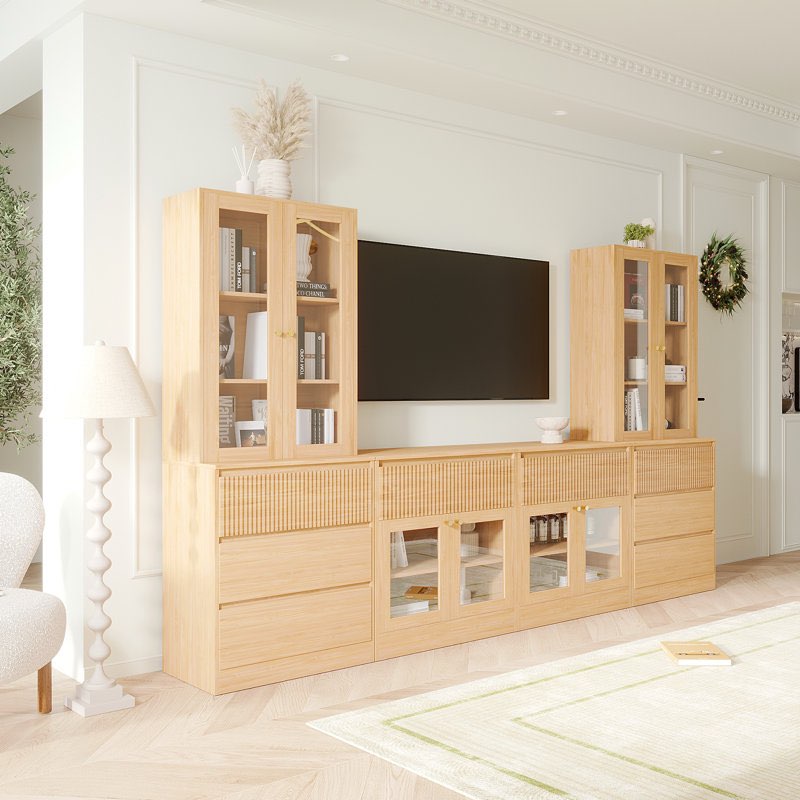 Incomplete box 1 only) Kitchen Pantry Cabinet With Tempered Glass Doors And Shelves, Wood Storage Bookshelf With Drawers (D+2E+D)