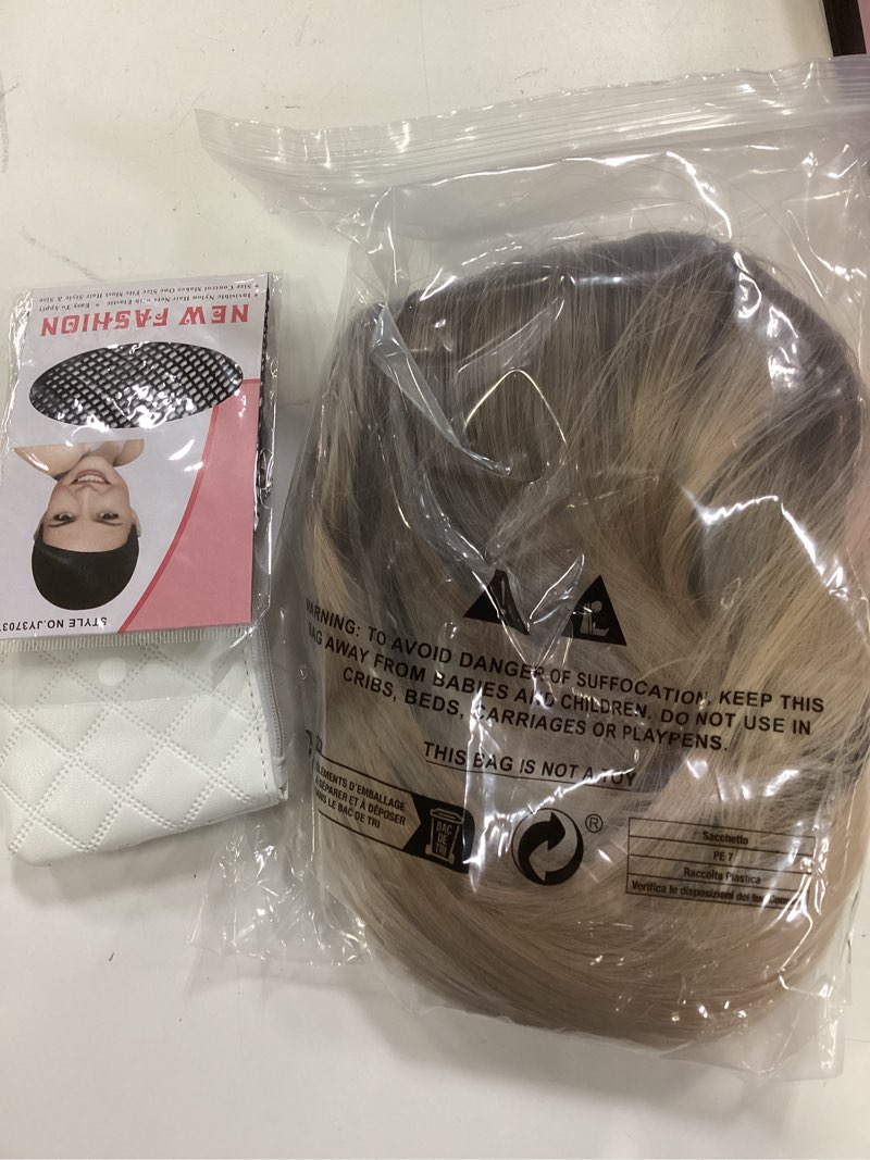 Condition photo showing Good Condition for breathable side part human hair wigs shoulder length straight hair gradual blonde highlights with curtain bangs natural look for women (brown gray,16inch) brown gray 16 inch