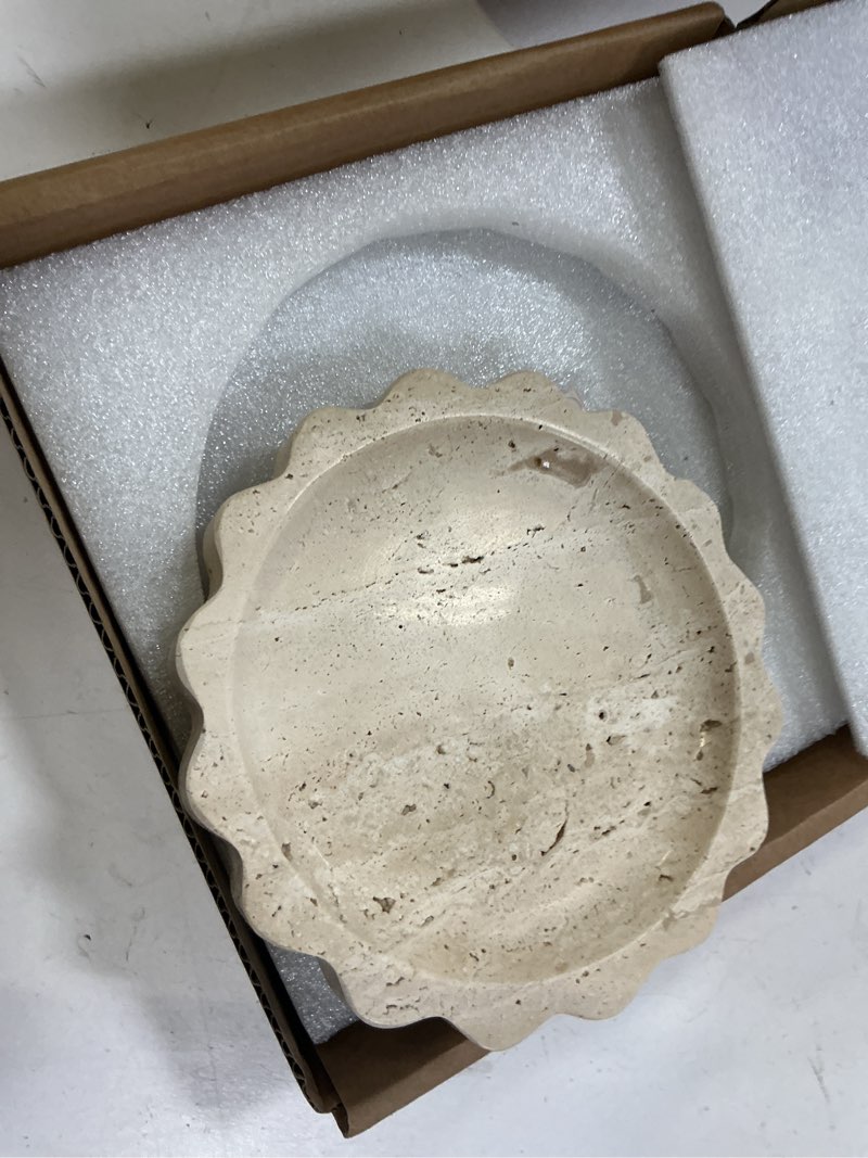 Condition photo showing Good Condition for SAIDKOCC Travertine Marble Tray Round Wave Tray Small Serving Platter for Counter, Bathroom, Kitchen, Nightstand, Jewelry Ring Dish Holder (Beige Travertine)