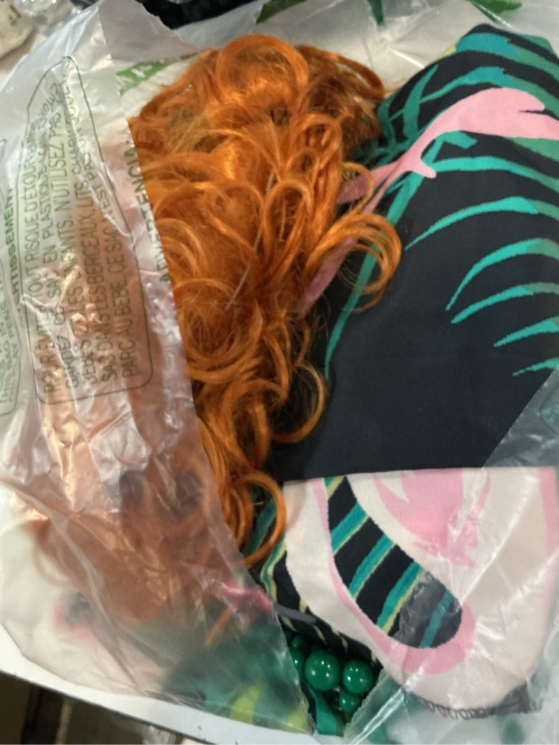 Condition photo showing Good Condition for maiteenly 6 pcs landlady women costume curly wig print caftan dresses jewelry set and sunglass for cosplay party flamingo