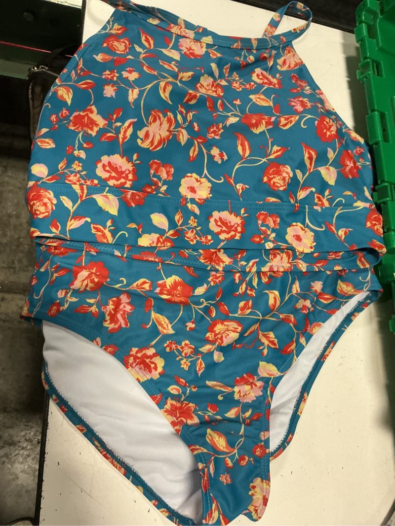 Condition photo showing Good Condition for herseas women's bikini sets high neck tropical leaf print high waisted two pieces swimsuits bathing suits x-large navy blue floral