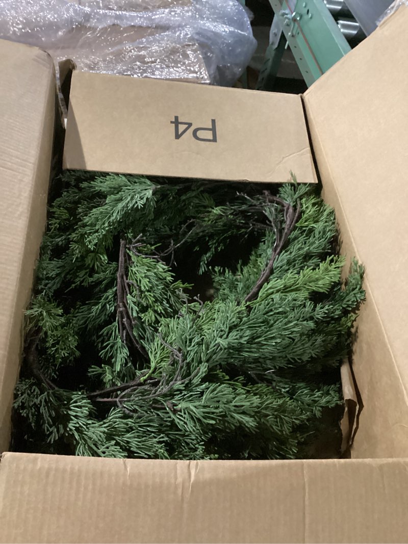 Condition photo showing Good Condition for Alupssuc 9FT Christmas Garland, Cedar Garland -Real Touch Artificial Greenery Cypress Pine Garland for Mantle Table Railing Fireplace Indoor & Outdoor Christmas Decoration