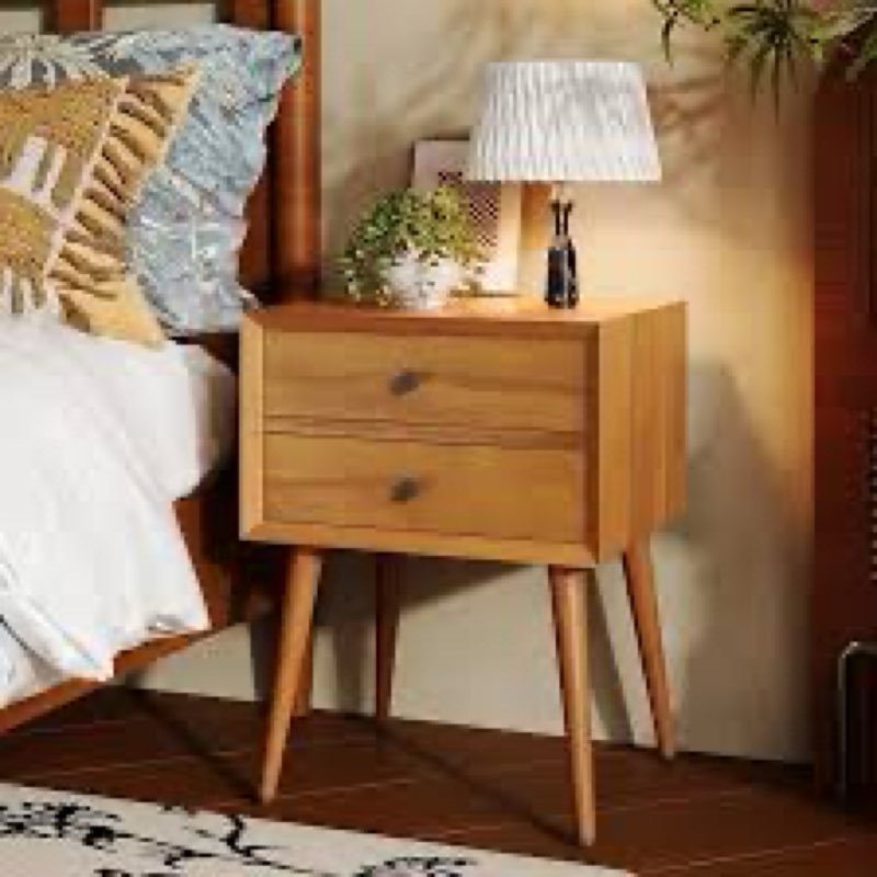 Merax Mid-Century Modern Acacia Wood Nightstand with 2 Storage Drawers, Vintage Bedside Table, Solid Wood, Easy Assembly, Sturdy Splayed Legs Design, Black