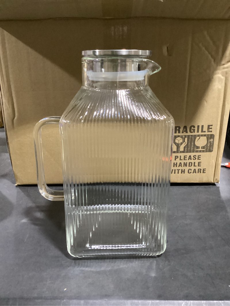Condition photo showing Good Condition for 2 Pack 1 Gallon thickened Square Glass Pitcher with Lid, Classic Stripes Water Pitchers for Fridge, Borosilicate Glass Carafe for Hot/Cold Brew Drink, Extra Large Jug with Handle for Iced Tea, Coffee