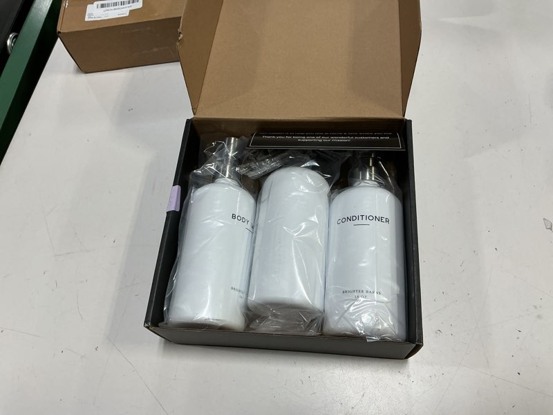 Condition photo showing New/Like New for White Shampoo and Conditioner Dispenser Set by Brighter Barns - Shower Dispenser for Bathroom - Refillable Plastic Shampoo Bottle & Stainless Steel Pump - Shampoo Dispenser for Vacation Rental (White) Silver
