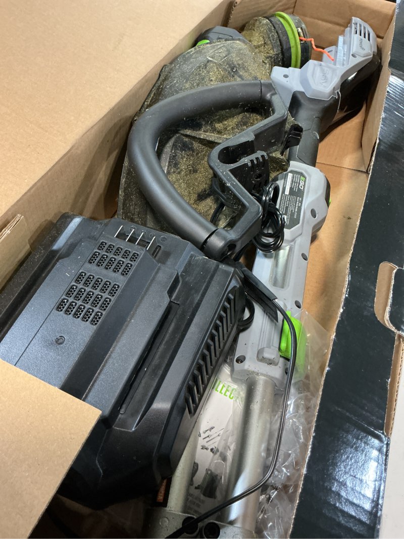 Condition photo showing As Is for ego powerload 56-volt 15-in telescopic shaft battery string trimmer 2.5 ah (battery and charger included)