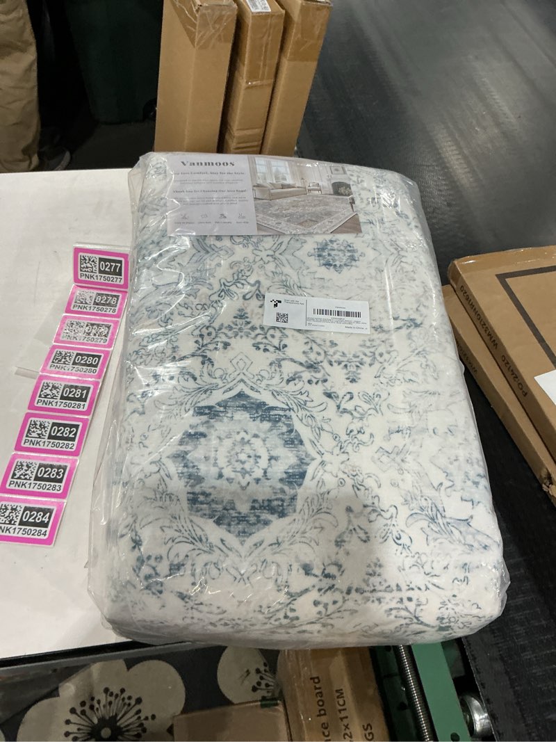 Condition photo showing As Is for 6x9 Area Rugs for Living Room, Bedroom - Machine Washable, Non-Slip Bedside Rug, Large Soft Floor Carpet for Office, Dining Room, Farmhouse and Home Decor, Nordic Serenity/Blue 6' x 9' Nordic Serenity / Blue