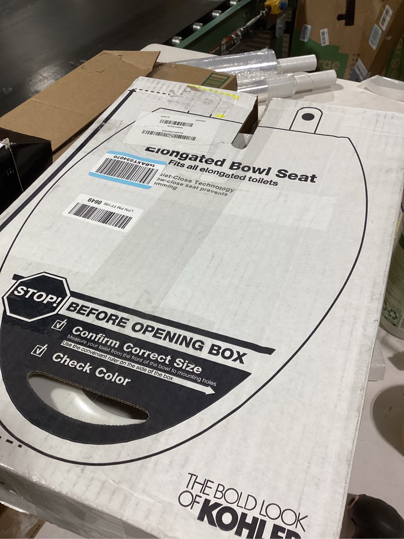 Condition photo showing New/Like New for KOHLER 20110-0 Brevia, Slow Close Toilet Seat, Elongated Toilet Seat, Grip-Tight Bumpers Quick-Attach Hardware, White White Elongated Quiet-Close