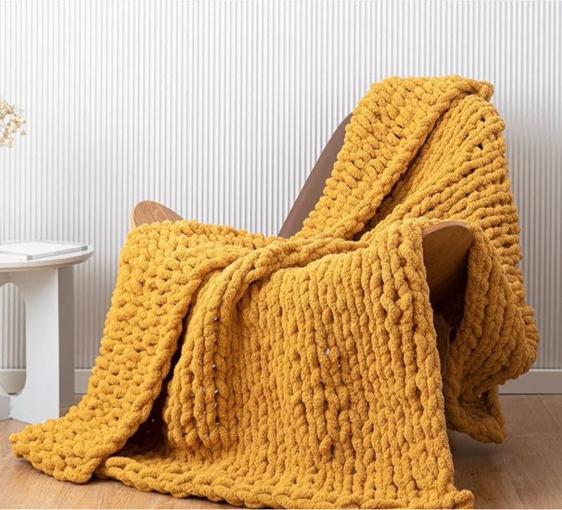 chunky knit blanket throw 51x63, soft chenille yarn giant knitted throw blanket, big knit blankets chunky, thick cable knit throw, large rope crochet throw blankets for couch bed sofa (mustard yellow)