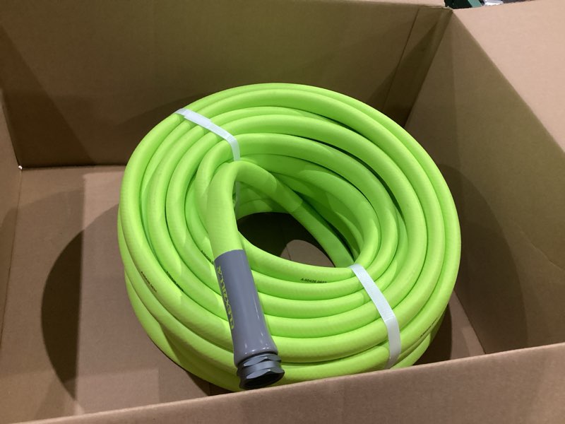 Condition photo showing As Is for flexzilla garden hose, lightweight all-weather water hose, durable and flexible, leak-free connections standard grip chartreuse
