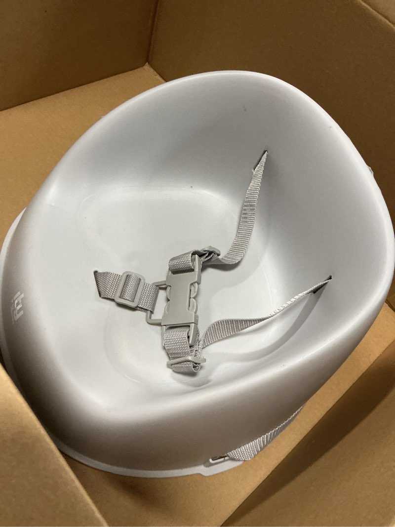 Condition photo showing As Is for Ingenuity: ity by Ingenuity My Spot Easy-Clean Baby Booster Feeding Chair, 3-Point Harness, Washable Removable Straps - Grey, User Age Range: 6 - 60 months, Requires Assembly