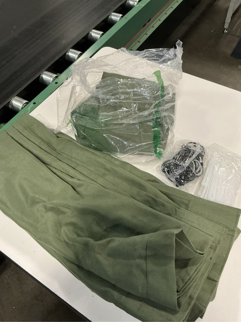 Condition photo showing Good Condition for set of 2 curtain panels 40”x96” with adjustable pins and black eye hooks olive