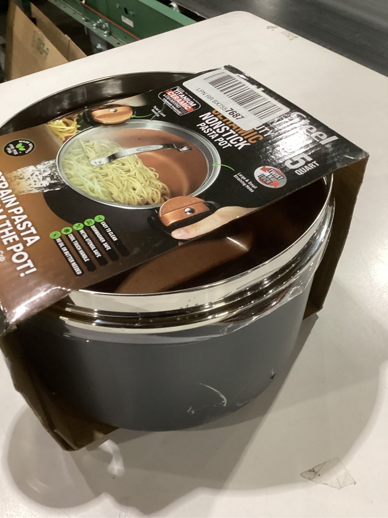 Condition photo showing New/Like New for Gotham Steel 5 Quart Stock Pot Multipurpose Pasta Pot with Strainer Lid & Twist and Lock Handles, Nonstick Ceramic Surface Makes for Effortless Cleanup with Tempered Glass Lid, Dishwasher Safe Graphite 5 Quarts