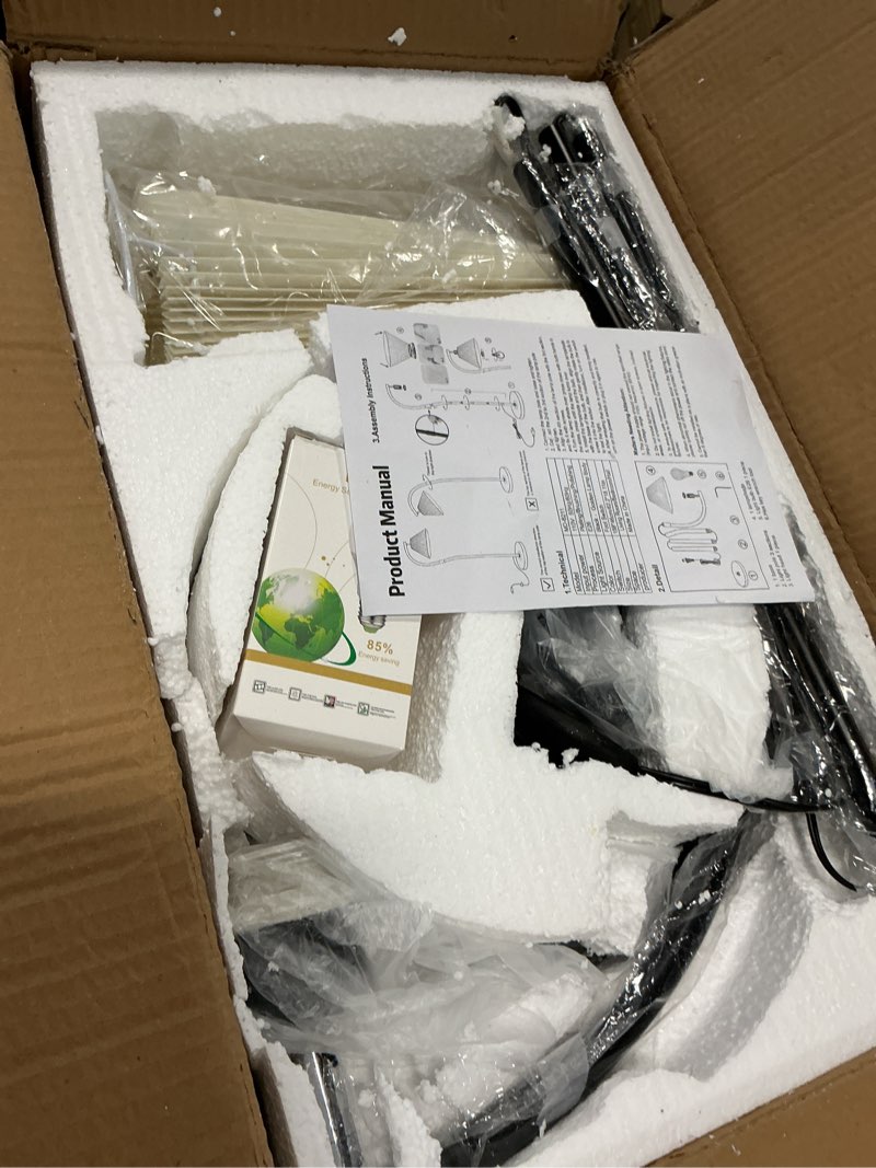 Condition photo showing Good Condition for Modern Black Arc LED Floor Lamps, Bright 12W Three-Color Dimming, 14 Inch Pleated Lampshade, Living Room Corner Bedroom Bedside Office Standing Reading Lamp, Farmhouse Decoration, Warm Mood Lighting