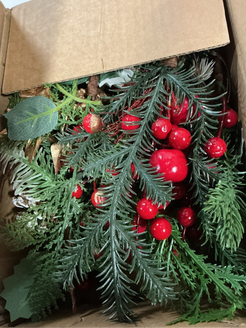 Condition photo showing New/Like New for 10 Pcs Artificial Pine Picks Christmas Pine Picks Pine Needles Branches with Red Berry Pinecones Berry Branches Fake Berries for Flower Arrangements Wreaths Holiday Xmas Tree Decoration