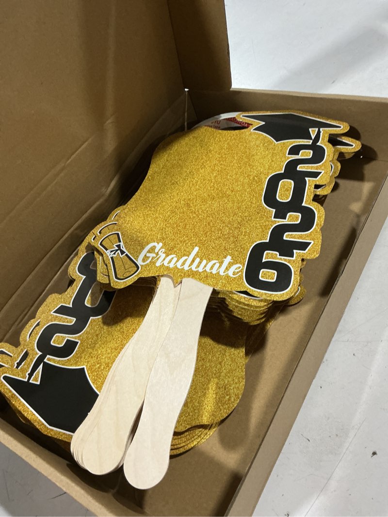 Condition photo showing Good Condition for gilprop 24 pcs graduation cutout face fans with handle double sided personalized grad party supplies class of 2026 grad photo props blank diy photo frame graduation party souvenirs gold 1 classic