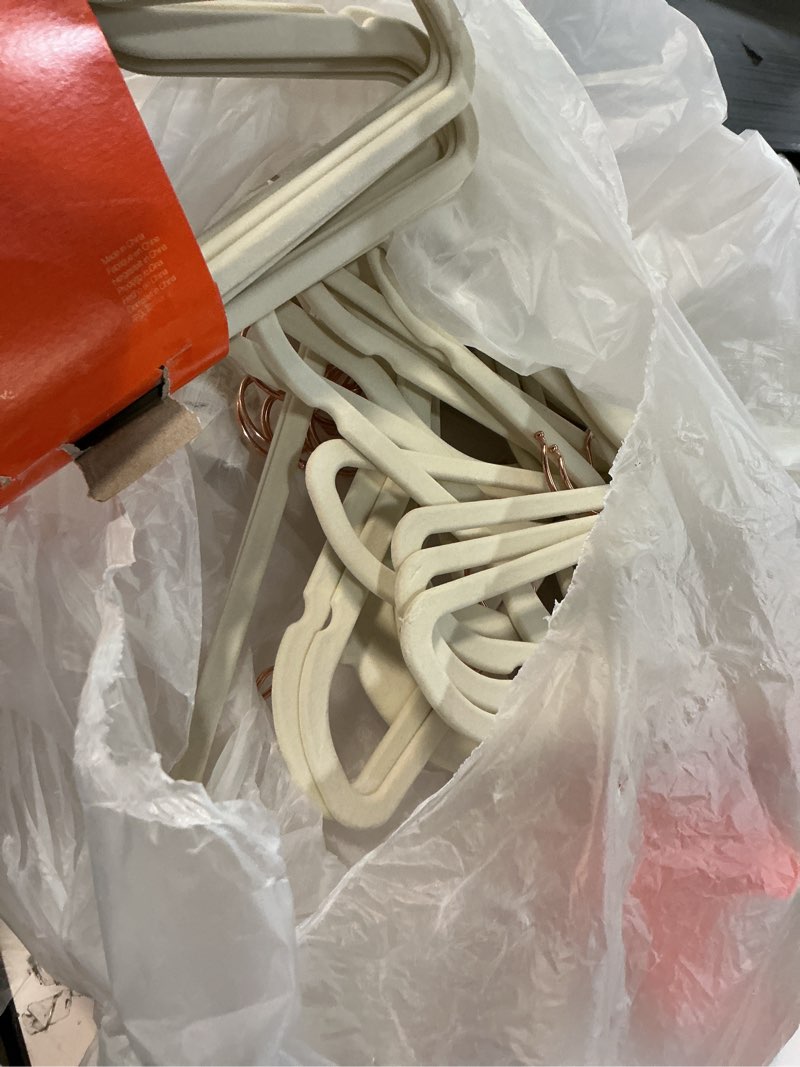 Condition photo showing As Is for Ivory/Rose Gold, Slim, Velvet, Non-Slip Sturdy Clothes Hangers - 50-Pack