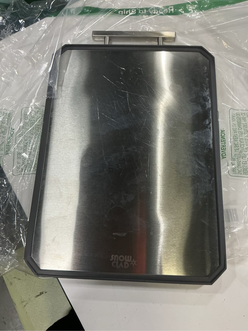 Condition photo showing As Is for SNOWCLAD Stainless Steel Cutting Board,Double Sided Steel Bread Boards for kitchen,Stainless Steel/Wheat straw pp Large Board for meat,non toxic Chopping,16 * 11 Inch,Dishwasher Safe 16"L x 11"W