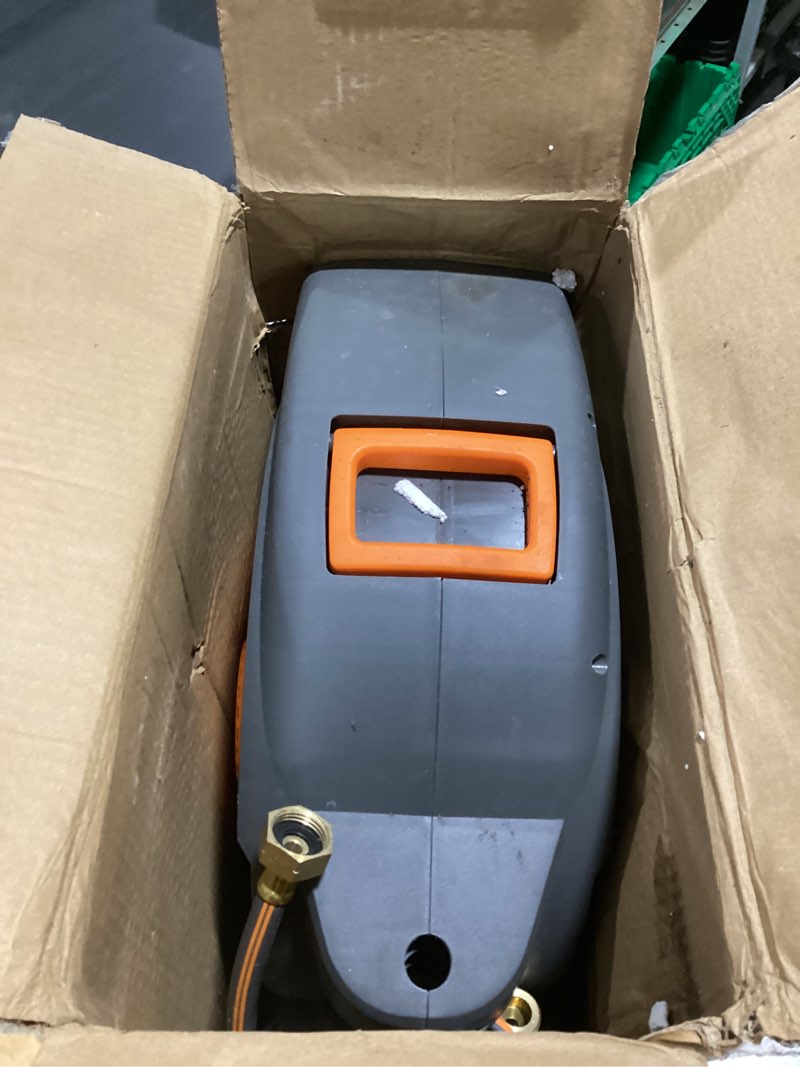 Condition photo showing As Is for retractable garden hose reel 100 ft, 1/2" heavy duty garden hose 435 psi burst pressure, wall mounted water hose reel with 10-pattern nozzle, 180° swivel, slow auto rewind & any length lock gray & orange