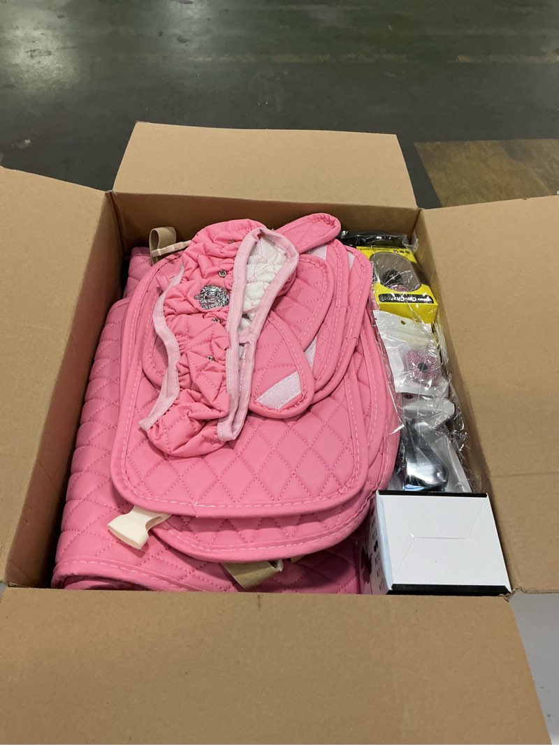 Condition photo showing Good Condition for Pink Car Accessories Set Front Car Seat Covers Set Steering Wheel Center Console Handbrake Seat Belt Cover Bling Car Interior Sets Phone Glasses Holder Car License Frames for Women, 33 Pcs 2 Front