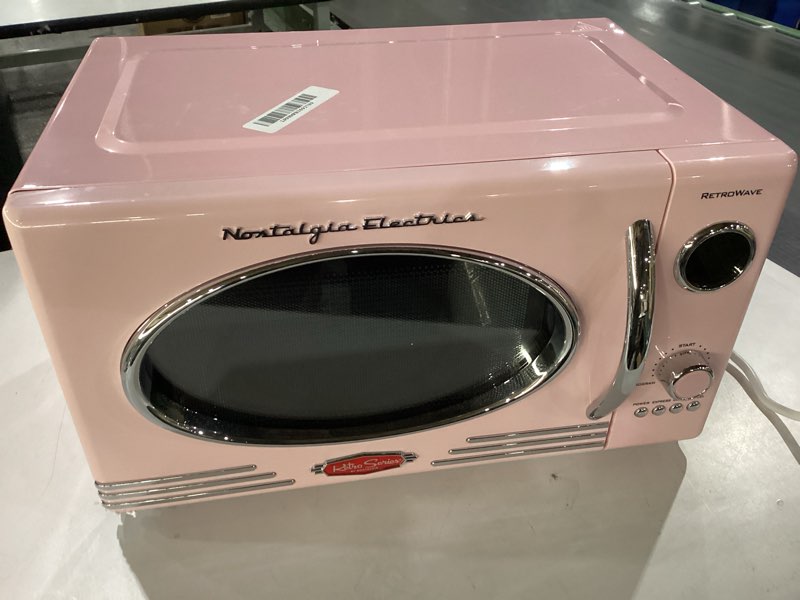 Condition photo showing New/Like New for *Not Tested* Nostalgia Retro Countertop Microwave Oven - Large 800-Watt - 0.9 cu ft - 12 Pre-Programmed Cooking Settings - Digital Clock - Kitchen Appliances - Pink Retro Classic 0.9 Cu. Ft. Pink