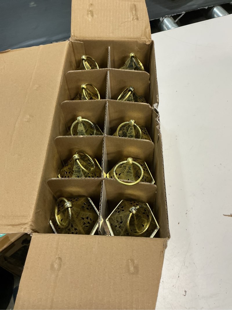 Condition photo showing New/Like New for mini lantern with flickering led candles set of 10, hewory gold vintage decorative hanging candle lanterns for halloween, christmas, wedding decorations, party, table centerpiece, battery included 10pcs gold