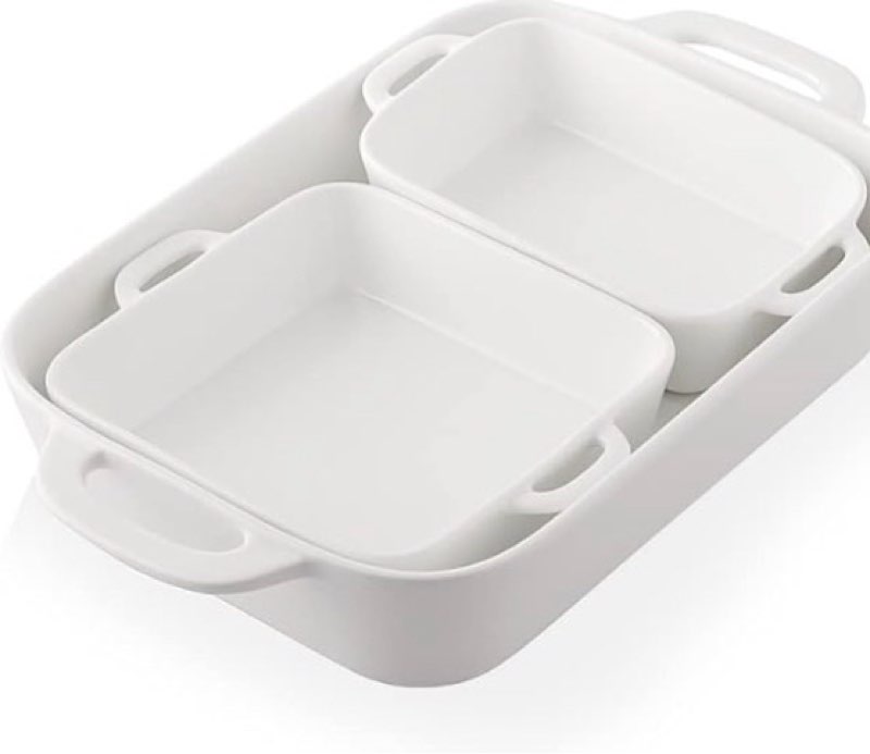 sweejar ceramic bakeware set, rectangular baking dish for cooking, kitchen, cake dinner, banquet and daily use, 12.5 x 8.9 inches porcelain baking pans (white)