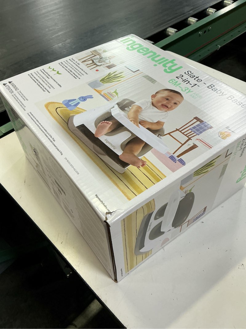 Condition photo showing New/Like New for ingenuity baby base 2-in-1 booster feeding and floor seat with self-storing tray - slate