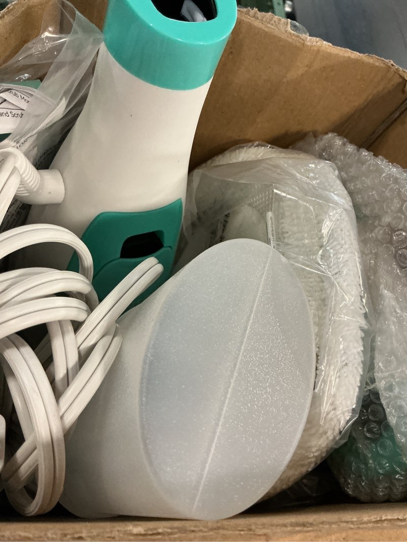 Condition photo showing As Is for scrubbing steam mop with rotating mop pads, all-in-one hard floor cleaner with led headlights, steam & spin control, 6 soft scrub pads, swivel steering, fs07 white