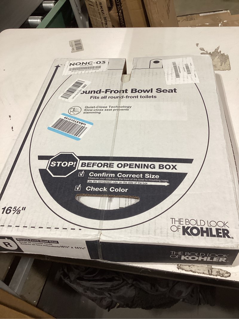 Condition photo showing New/Like New for kohler 20111-96 brevia, slow close toilet seat, round toilet seat, grip-tight bumpers quick-attach hardware, biscuit biscuit round quiet-close