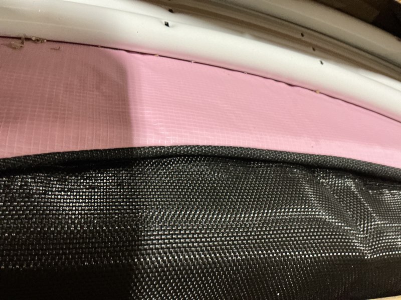 Condition photo showing Good Condition for LANGXUN 60" Trampoline for Kids, 5ft Toddler Mini 6-in-1 Trampoline Indoor Outdoor with Swing, Basketball Hoop, Dart Board, Rings, Christmas Toys Birthday Gifts for Girls Boys Purple&Pink 3- in-1