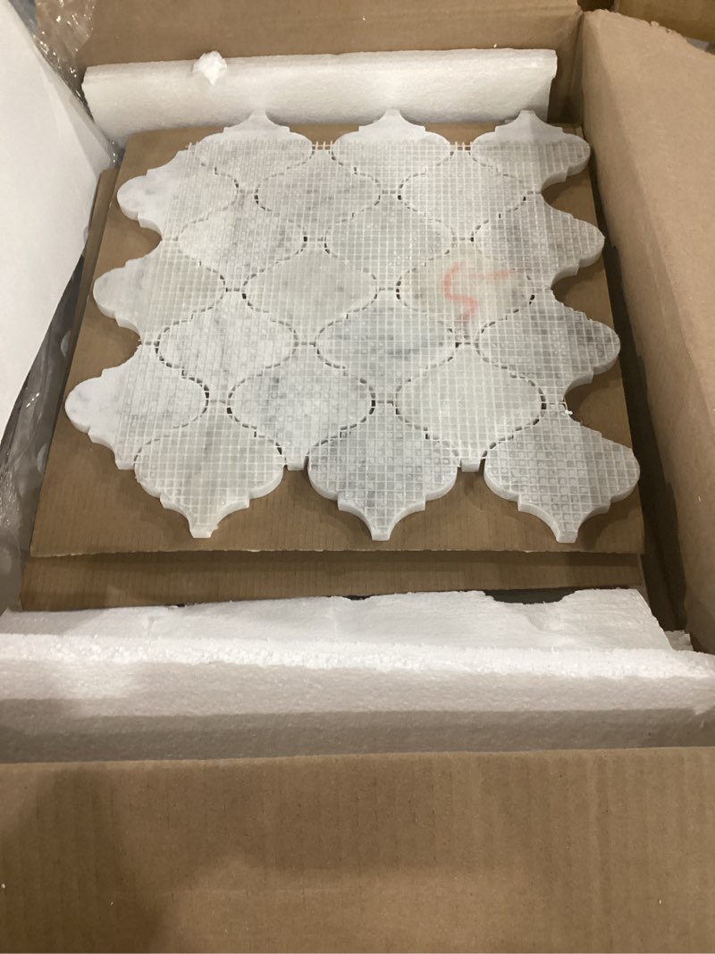 Condition photo showing As Is for missing parts***** carrara white marble mosaic tile, 3 inch arabesque lantern marble backsplash tiles for kitchen bathroom shower wall floor, polished, 5 sheet carrara white 3 inch arabesque