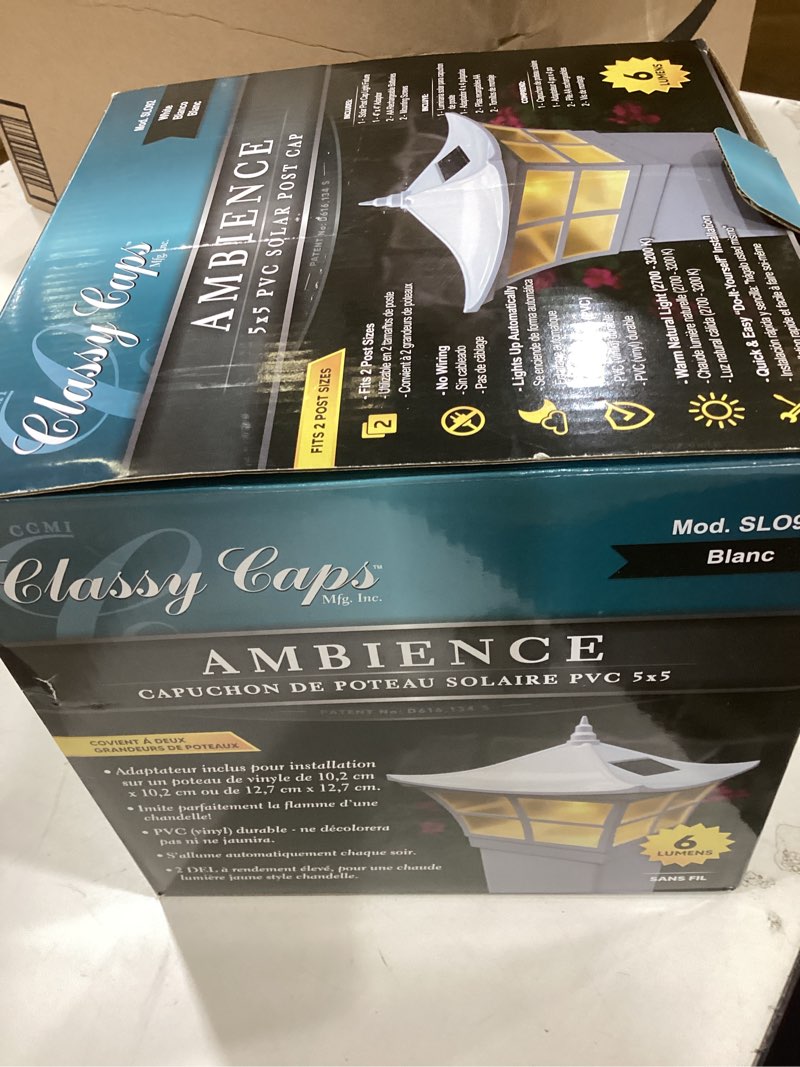 Condition photo showing Good Condition for classy caps sl092 ambience solar post cap - white – high-performance led, warm-flickering candle-like glow, fits 4\"x4\" & 5\"x5\", weather-resistant, ideal for decks, fences, outdoor posts white 4\" x 4\", 5\" x 5\"
