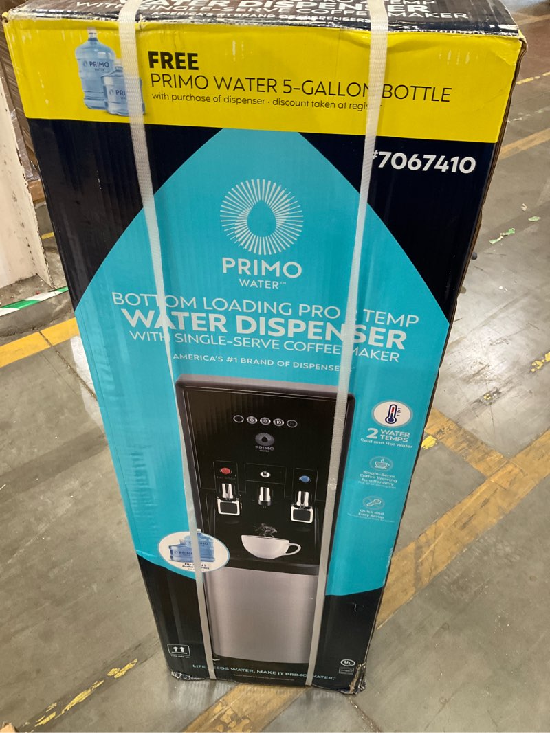 Condition photo showing As Is for primo bottom load htrio single-serve coffee maker stainless steel water cooler
