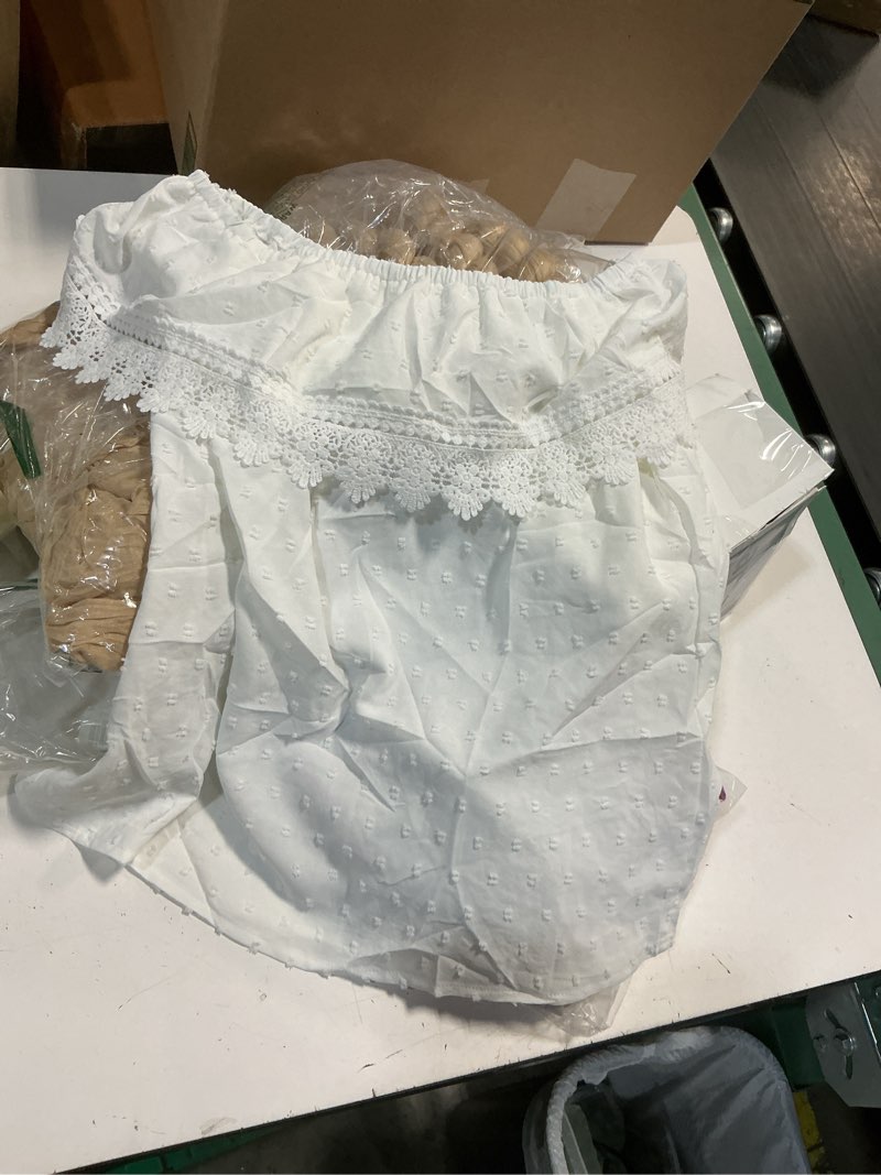 Condition photo showing Good Condition for makemechic women's off the shoulder tops lace summer blouse boho tops medium white