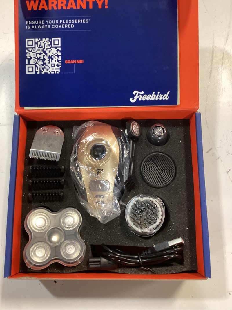 Condition photo showing New/Like New for Freebird FlexSeries Electric Head & Body Hair Shaver - Mens Cordless Rechargeable Wet/Dry Skull Bald Head Back & Groin Waterproof Razor with Rotary Blades, Clippers, Nose Trimmer, Brush, Massager
