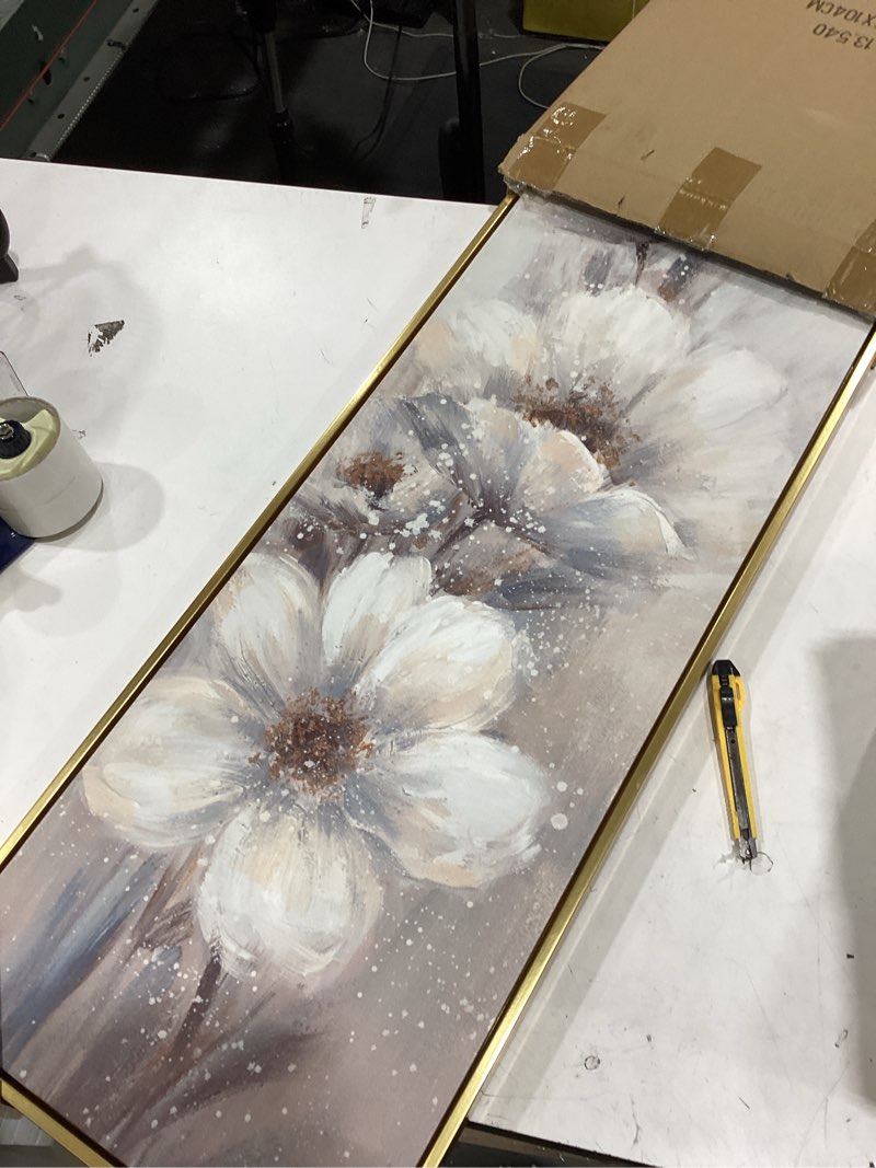 Condition photo showing As Is for wall26 large framed wall art canvas print - soft white floral bloom for living room bedroom office - 60"x20" natural natural frame ac12-2511-m04 60"l x 20"w