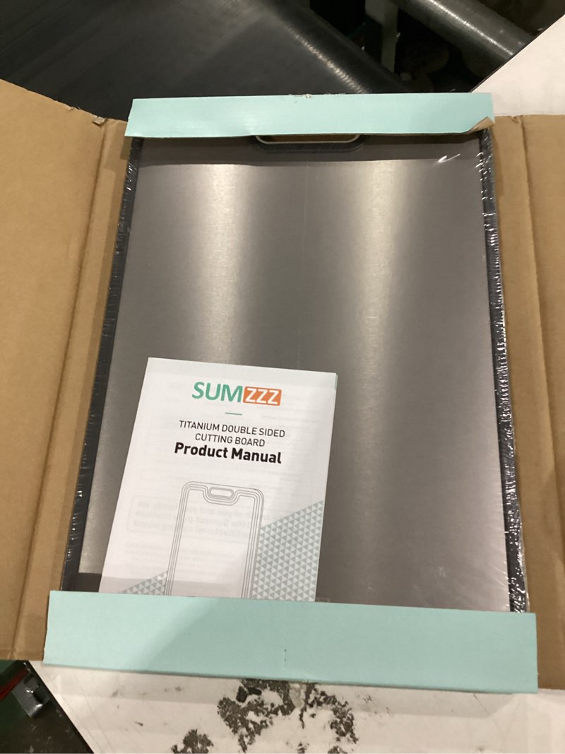Condition photo showing New/Like New for titanium cutting board for kitchen, double sided chopping board, 99.9% pure titanium & pp, non-porous, odor resistant, safe for raw & cooked food, easy to clean, large 15”×10.3” silver set of 1 (16" x 11")