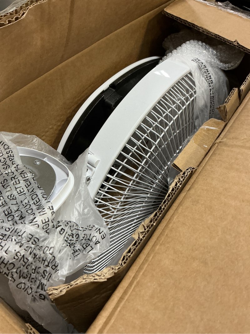 Condition photo showing As Is for amazon basics 16" dc motor standing floor fan, 12 speed with remote, 3 breeze modes, dual-layered blades (10 blades), timer, energy efficiency and quiet dc motor (28w), white 12-speed, dc motor