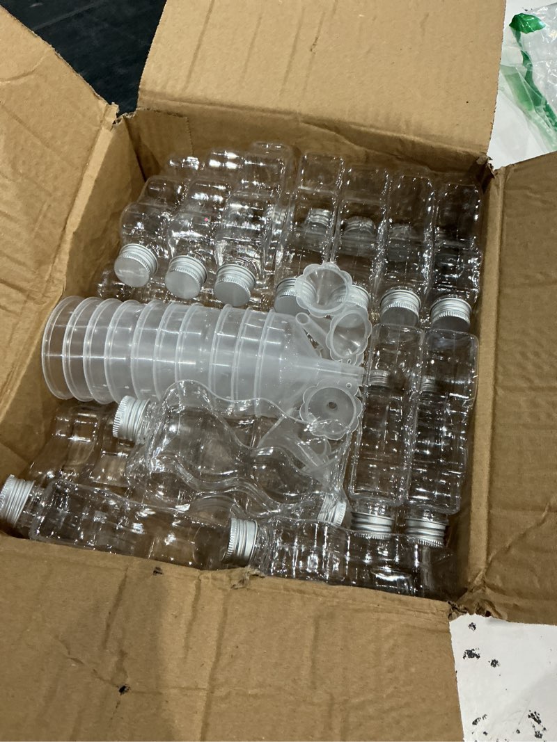 Condition photo showing As Is for 30 pack sand art bottles with lids, 2.5 oz sand decorative container with large funnels small funnels, 3 style clear plastic jars bulk, mini craft collection kit for diy wedding birthday