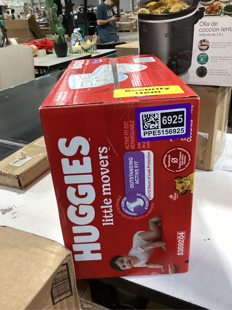 Condition photo showing New/Like New for huggies size 3 diapers, little movers baby diapers, size 3 (16-28 lbs), 136 count, packaging may vary