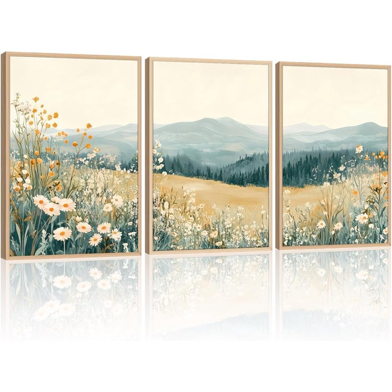 3 Pcs Framed Mountain Wildflower Wall Art Triptych Natural Landscape Canvas Prints Large Farmhouse D